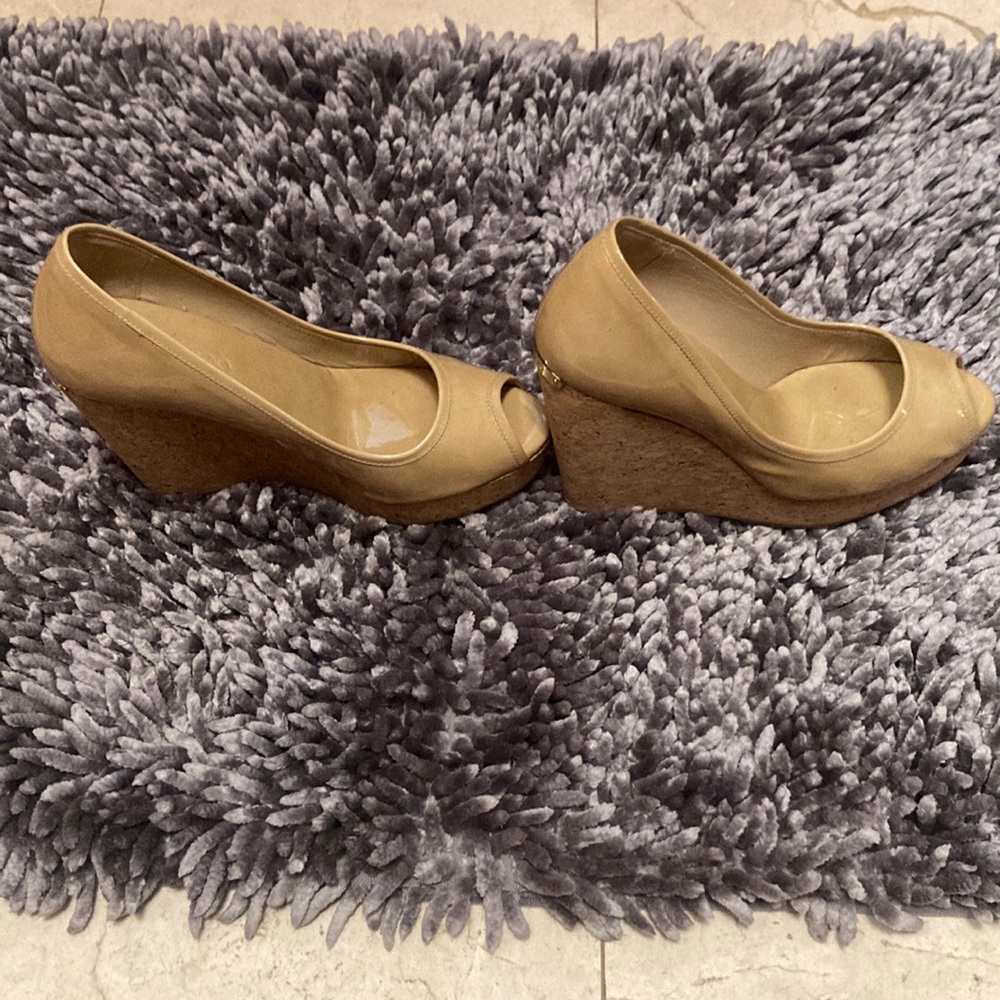 JIMMY CHOO  patent leather and cork wedge, Size 6.